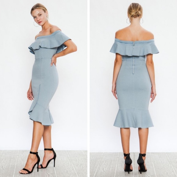 OFF-THE-SHOULDER DENIM BODYCON DRESS - Picture 2 of 5